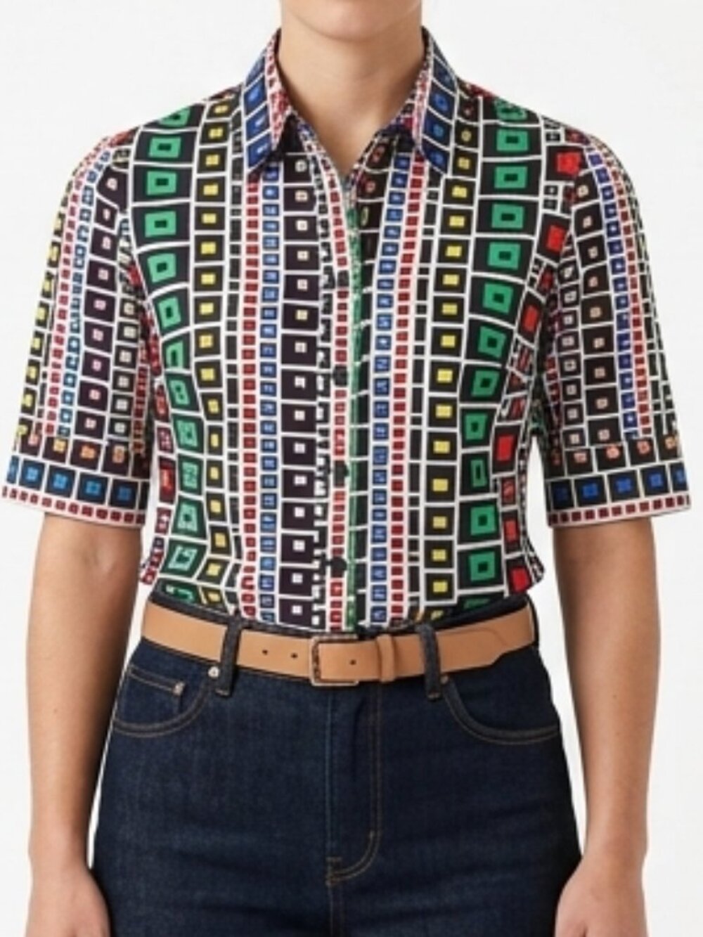 French Connection Short Sleeve Cotton Geometric Print Shirt NEW- Sz. 2
